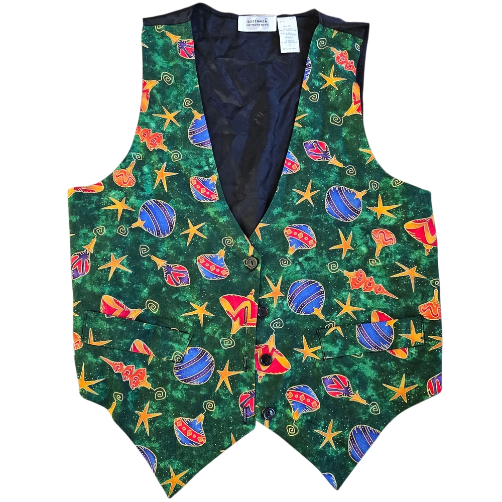 Sostanza Men's Christmas Vest Size Small‎ Medium 100% Cotton Vintage Ornaments